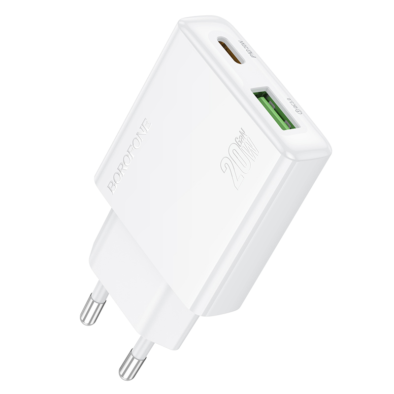 Borofone Wall charger BN24 Wish (Ultra Thin) - USB + Type C - PD QC 3.0 20W white