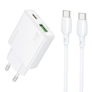 Borofone Wall charger BN25 Wish (Ultra Thin) - USB + Type C - PD QC 3.0 30W with Type C to Type C cable white