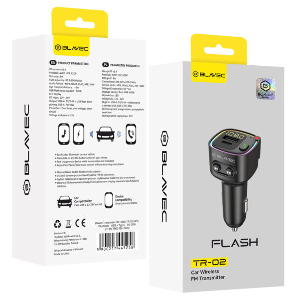 Blavec FM Transmitter Flash TR-02 MP3, Bluetooth - USB + Type C - PD 30W (TFMFTR02-B) black