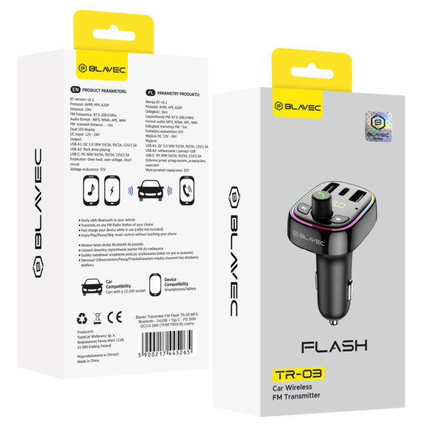 Blavec FM Transmitter Flash TR-03 MP3, Bluetooth - 2xUSB + Type C - PD 30W QC3.0 18W (TFMFTR03-B) black