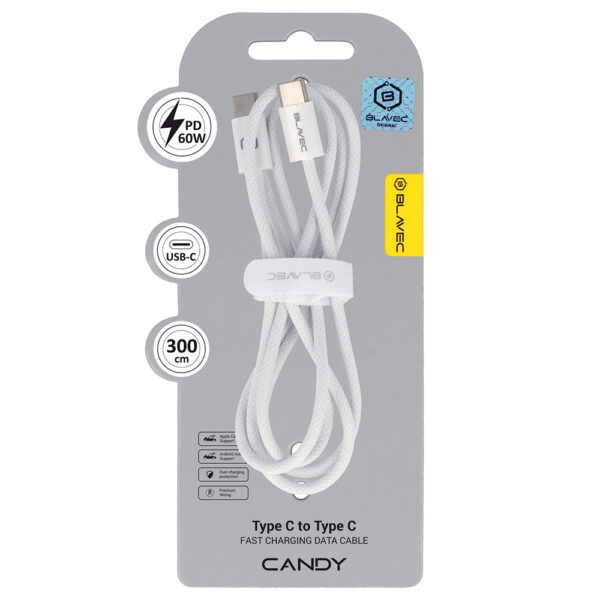 Blavec Cable Candy braided - Type C to Type C - PD 60W 3A 3 metres Apple CarPlay/Android Auto (CCA-CC3W30) white