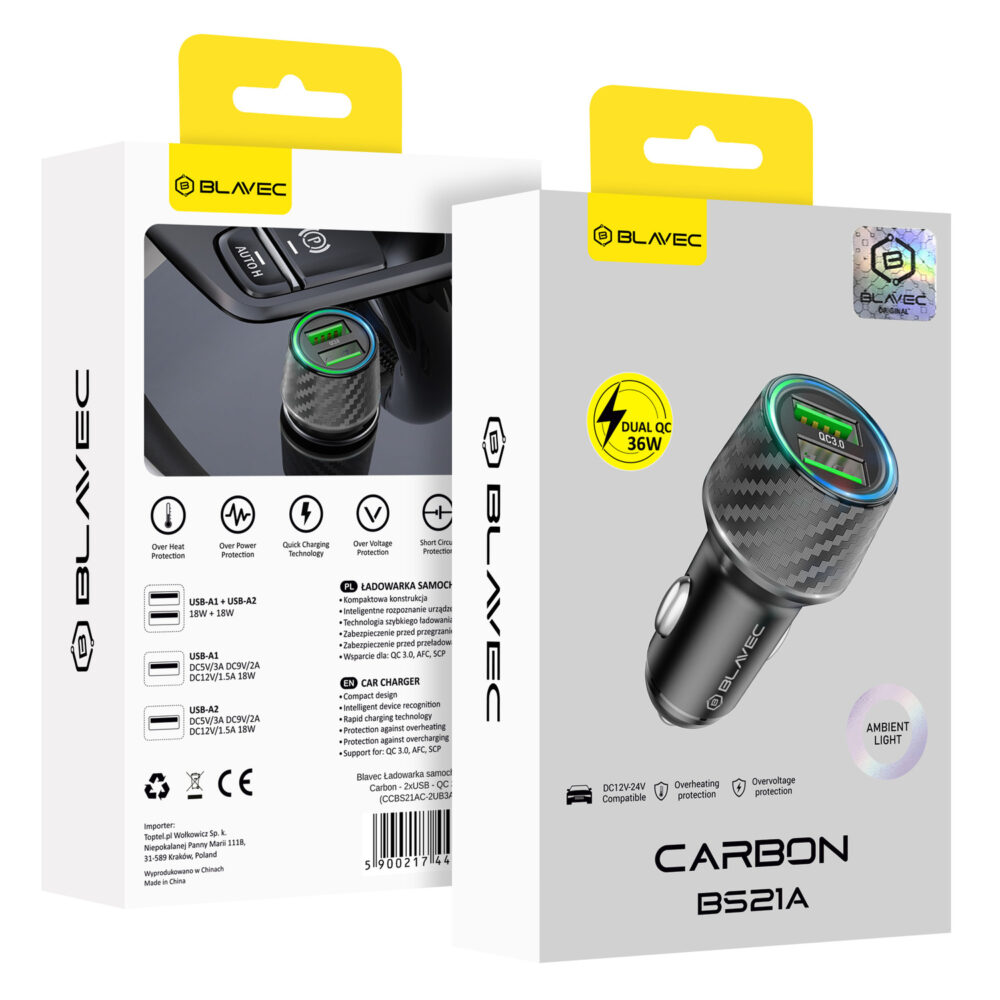 Blavec Car charger BS-21A Carbon - 2xUSB - QC 3.0 36W 3A (CCBS21AC-2UB36) black