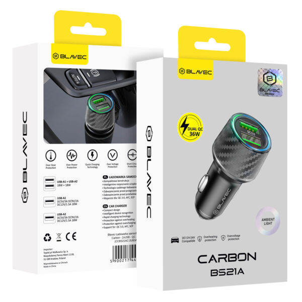 Blavec Car charger BS-21A Carbon - 2xUSB - QC 3.0 36W 3A (CCBS21AC-2UB36) black