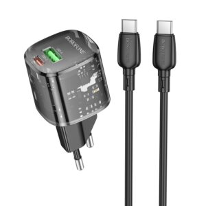Borofone Wall charger BN17 Sunlight - USB + Type C -  QC 3.0 PD 20W 3A with Type C to Type C cable black