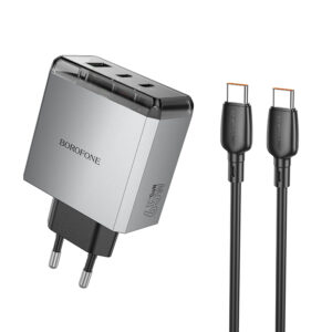 Borofone Wall charger BN22 Lena GaN - 2xType C + USB - QC 3.0 PD 65W with Type C to Type C cable grey