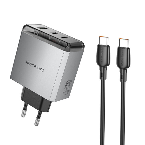 Borofone Wall charger BN22 Lena GaN - 2xType C + USB - QC 3.0 PD 65W with Type C to Type C cable grey