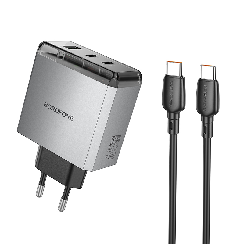 Borofone Wall charger BN22 Lena GaN - 2xType C + USB - QC 3.0 PD 65W with Type C to Type C cable grey