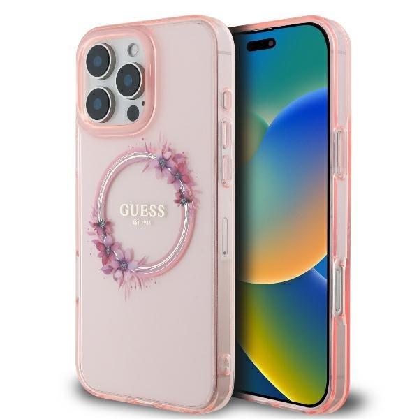 Original Case GUESS IML Flowers Wreath Magsafe GUHMP16LHFWFCP for Iphone 16 Pro pink