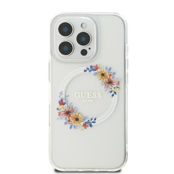 Original Case GUESS IML Flowers Wreath Magsafe GUHMP16SHFWFCT for Iphone 16 transparent