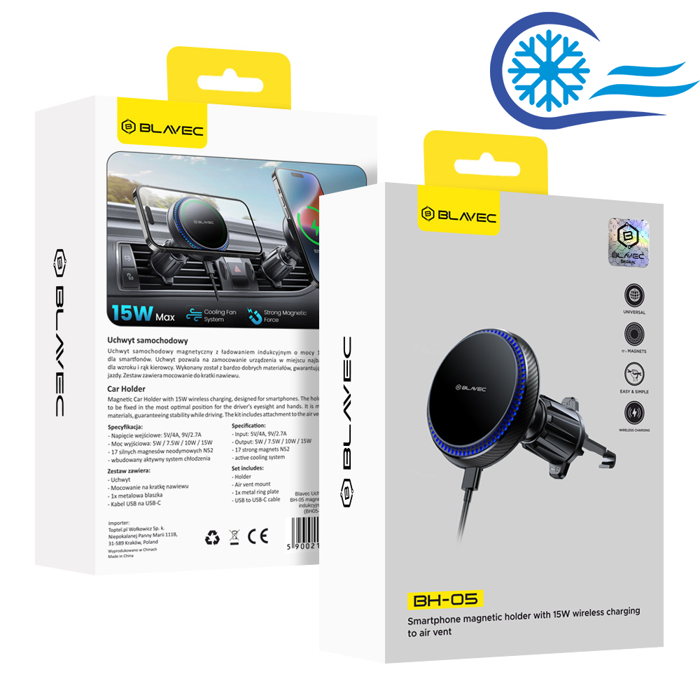 Blavec Car Mount BH-05 Magnetic with 15W MagSafe Wireless Charging and Cooling Fan System for Air Vent (BH05-MAVIB) – Black