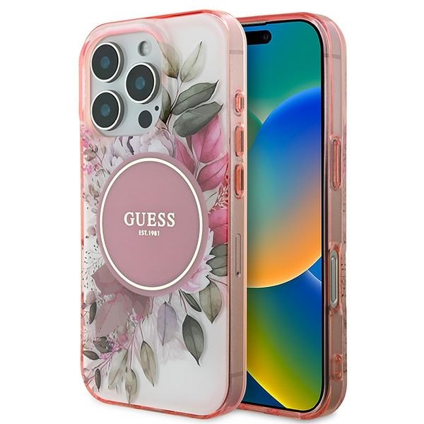 Original Case GUESS IML Flower & Tonal Circle Magsafe GUHMP16LHFWBDCEP for Iphone 16 Pro pink