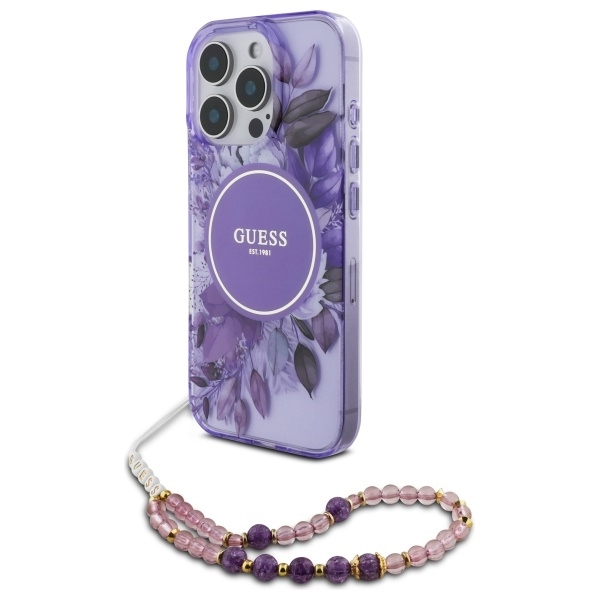 Original Case GUESS IML Flowers with Pearl Strap Magsafe GUHMP16LHFWBRCESU for Iphone 16 Pro purple
