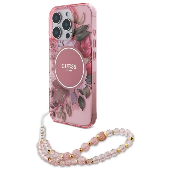 Original Case GUESS IML Flowers with Pearl Strap Magsafe GUHMP16XHFWBRCESP for Iphone 16 Pro Max pink
