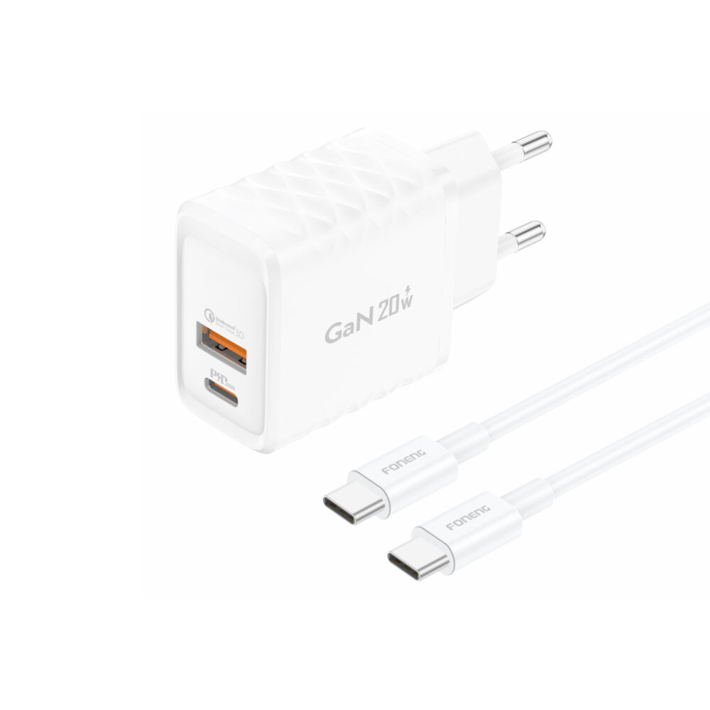 Foneng Wall charger EU56 GaN - USB + Type C - QC 3.0 PD 20W with Type C to Type C cable white