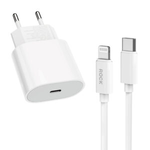 Rock Wall charger T18 Sugar Cube Series GaN - Type C - QC 3.0 PD 20W with Type C to Lightning cable white