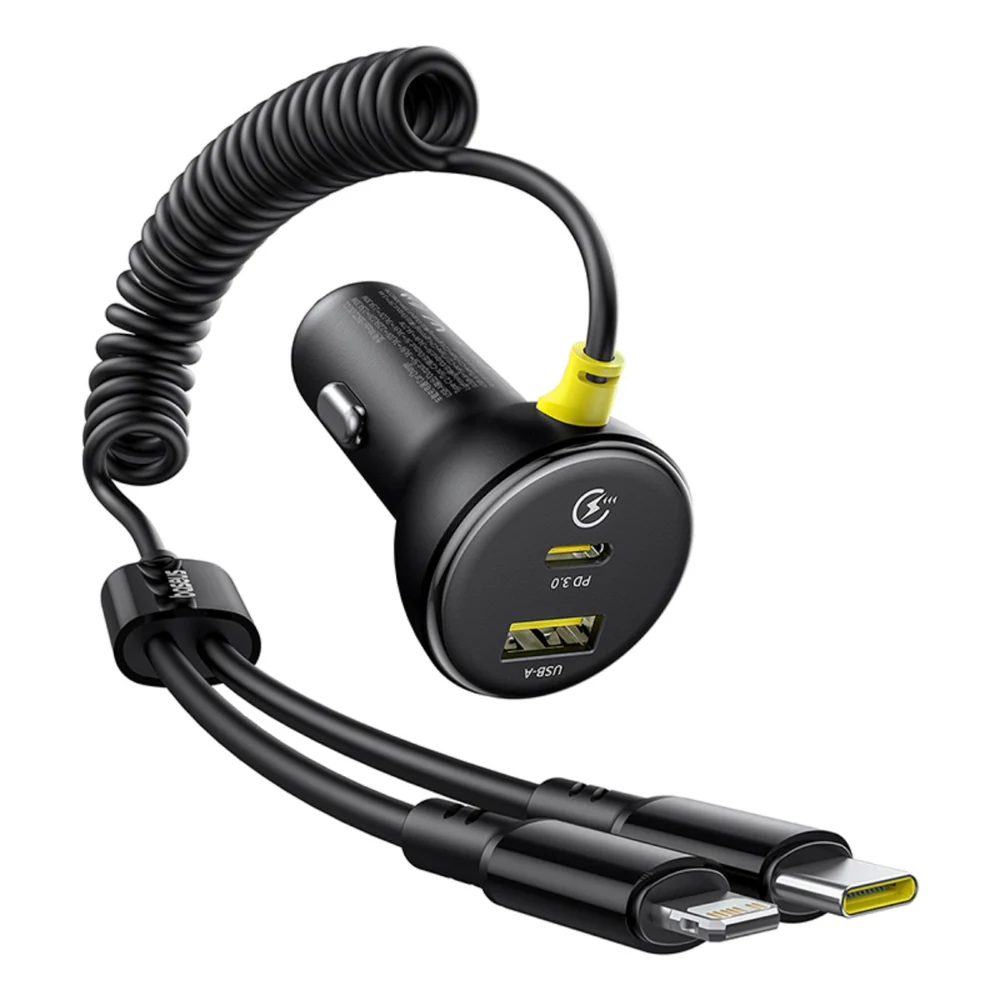Baseus Circular 60W USB-A + USB-C Car Charger with Built-in Lightning + USB-C Cable 1.4m - Blackeng