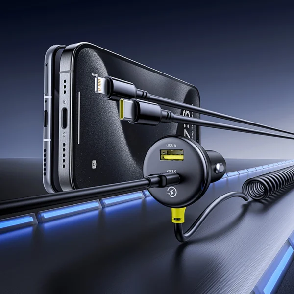 Baseus Circular 60W USB-A + USB-C Car Charger with Built-in Lightning + USB-C Cable 1.4m - Blackeng