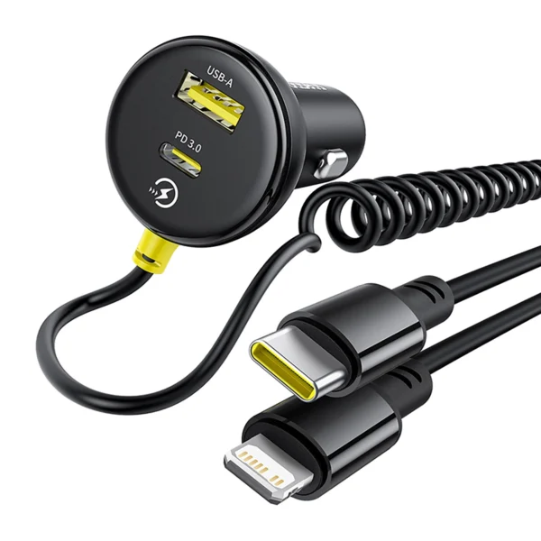 Baseus Circular 60W USB-A + USB-C Car Charger with Built-in Lightning + USB-C Cable 1.4m - Blackeng