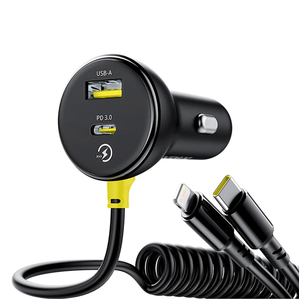 Baseus Circular 60W USB-A + USB-C Car Charger with Built-in Lightning + USB-C Cable 1.4m - Blackeng