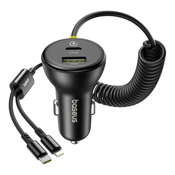 Baseus Circular 60W USB-A + USB-C Car Charger with Built-in Lightning + USB-C Cable 1.4m - Blackeng