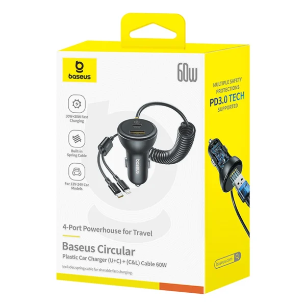 Baseus Circular 60W USB-A + USB-C Car Charger with Built-in Lightning + USB-C Cable 1.4m - Blackeng