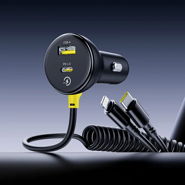 Baseus Circular 60W USB-A + USB-C Car Charger with Built-in Lightning + USB-C Cable 1.4m - Blackeng