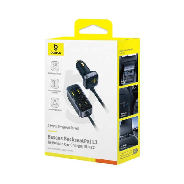 Baseus BackseatPal L1 110W Car Charger 3 x USB-A + 3 x USB-C with 1.5m Extension Cable - Blackeng