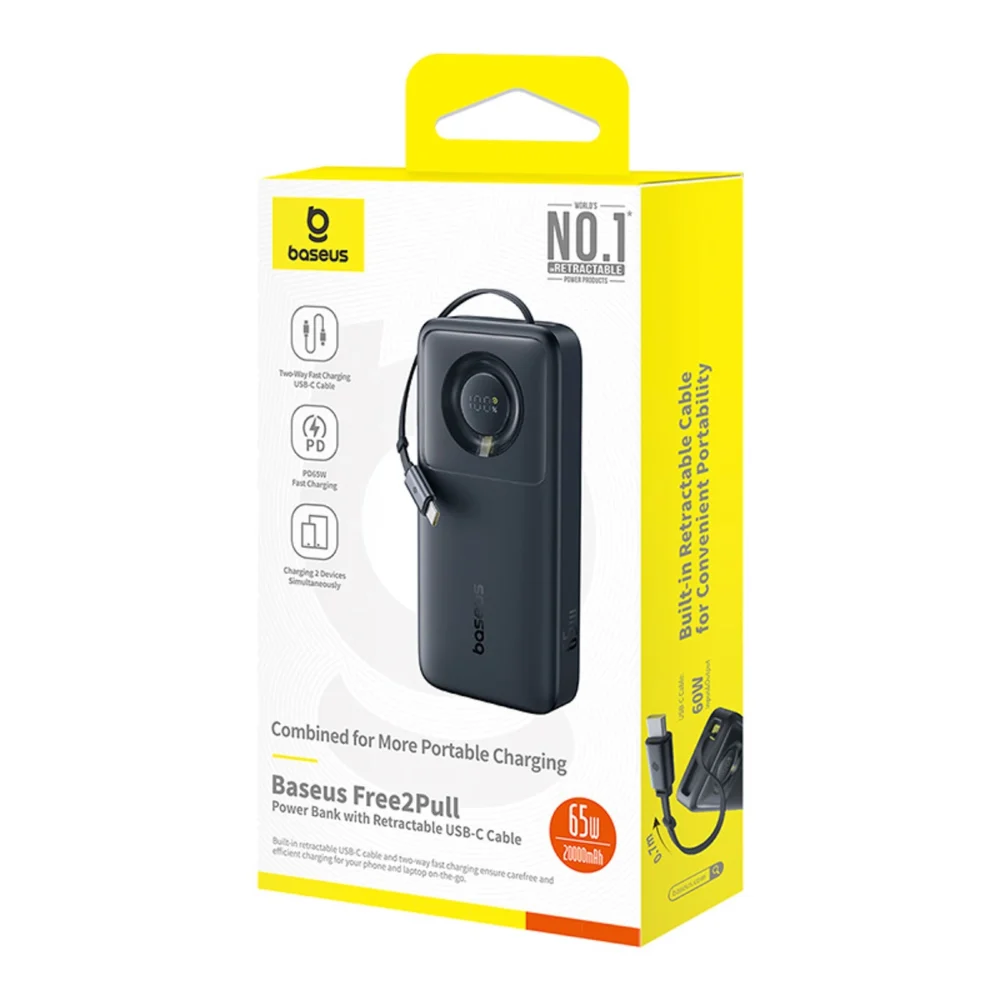 Baseus Free2Pull 20000mAh 65W Power Bank with Retractable USB-C Cable - Blackeng