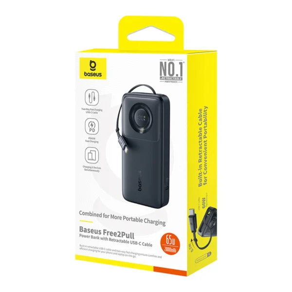 Baseus Free2Pull 20000mAh 65W Power Bank with Retractable USB-C Cable - Blackeng