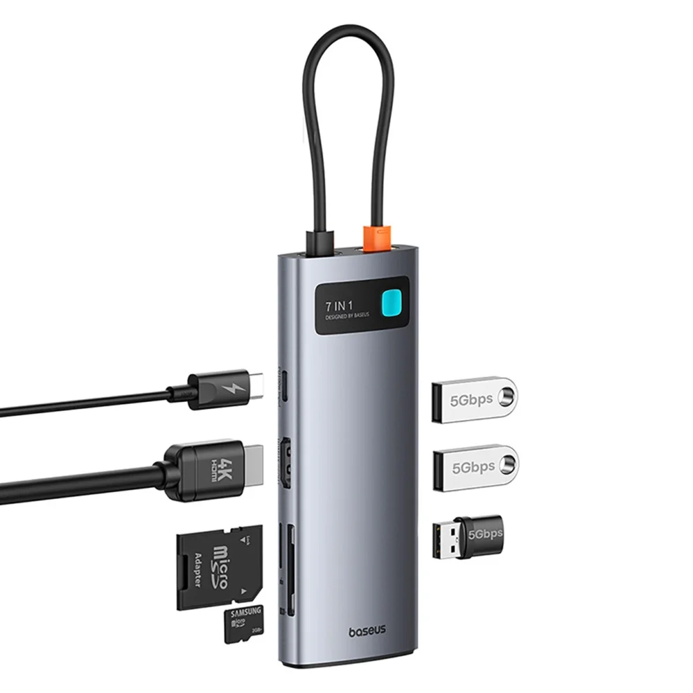 Baseus Metal Gleam 7in1 HDMI 4K 60Hz USB-C Hub / 3x USB 3.0 / USB-C PD / SD / microSD - Grayeng