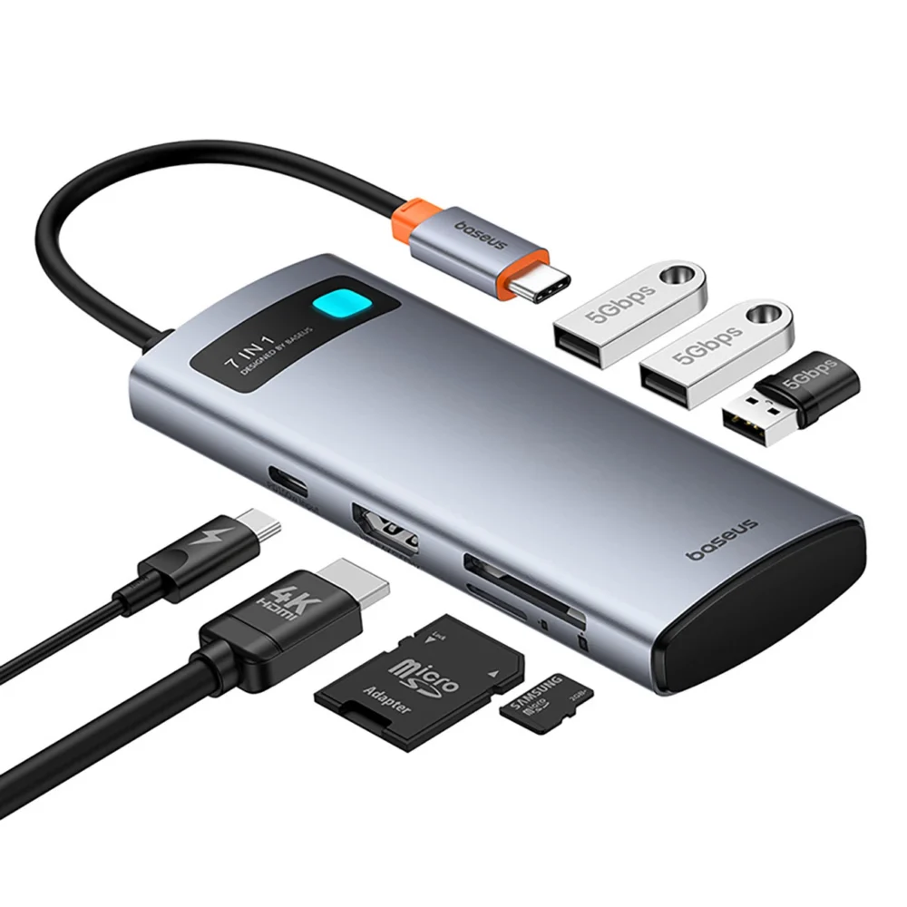 Baseus Metal Gleam 7in1 HDMI 4K 60Hz USB-C Hub / 3x USB 3.0 / USB-C PD / SD / microSD - Grayeng