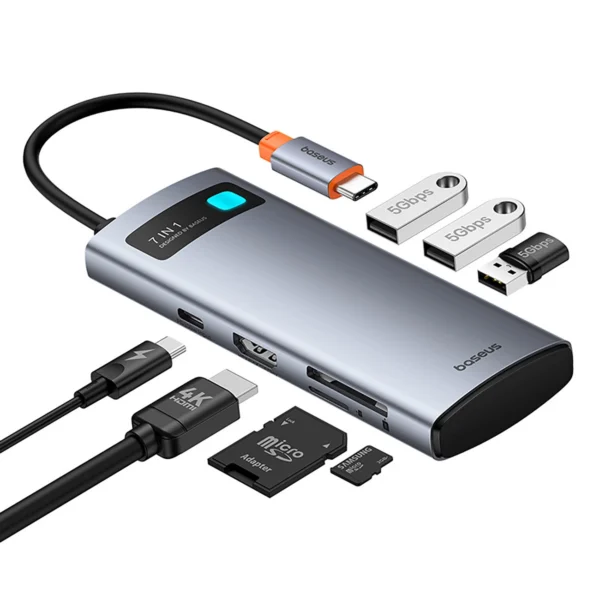 Baseus Metal Gleam 7in1 HDMI 4K 60Hz USB-C Hub / 3x USB 3.0 / USB-C PD / SD / microSD - Grayeng