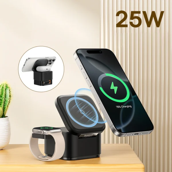 Baseus MagPro 3in1 25W MagSafe Compatible Inductive Charger for Phone and Smartwatch - Blackeng