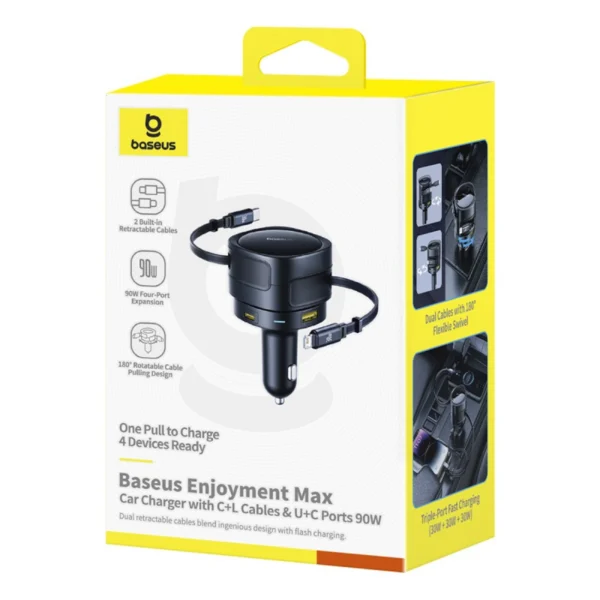 Baseus Enjoyment Max 90W Car Charger 2x USB-C + USB-C and Lightning Cable - Blackeng