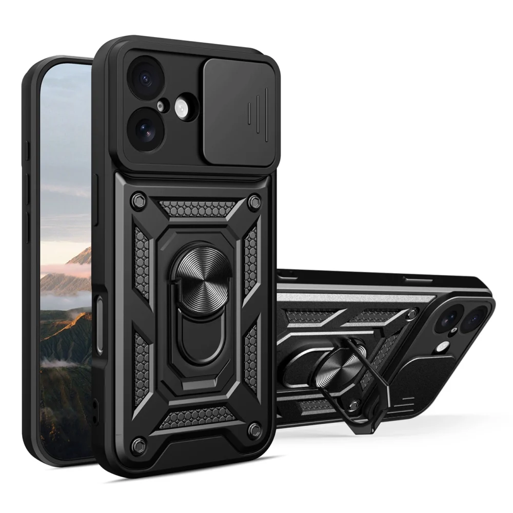 Hybrid Armor Camshield iPhone 17 Case with Stand and Camera Cover - Blackeng