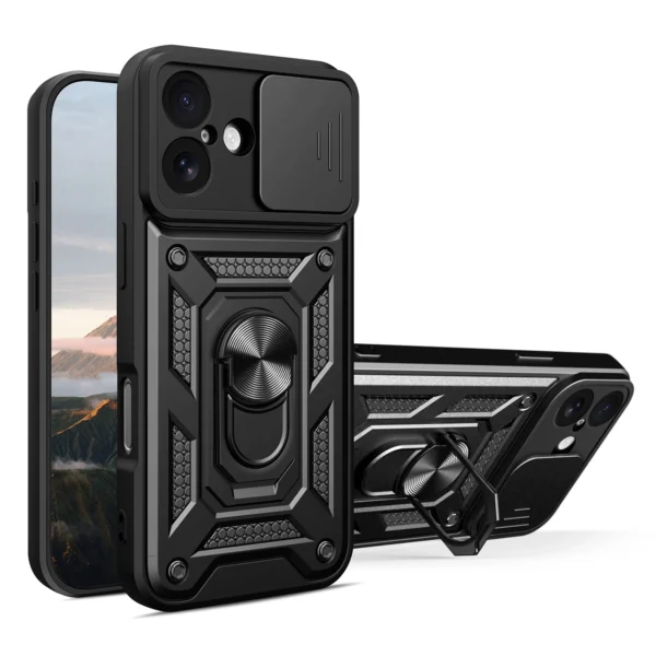 Hybrid Armor Camshield iPhone 17 Case with Stand and Camera Cover - Blackeng
