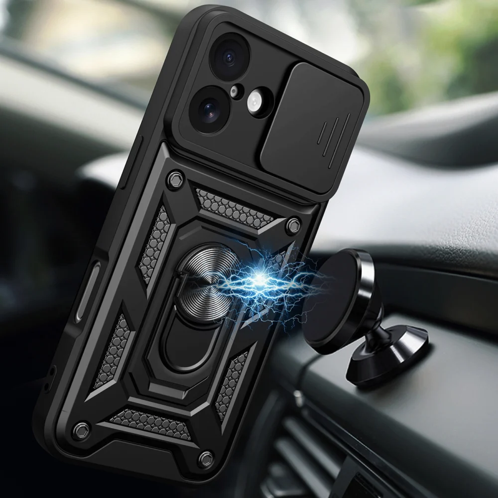 Hybrid Armor Camshield iPhone 17 Case with Stand and Camera Cover - Blackeng