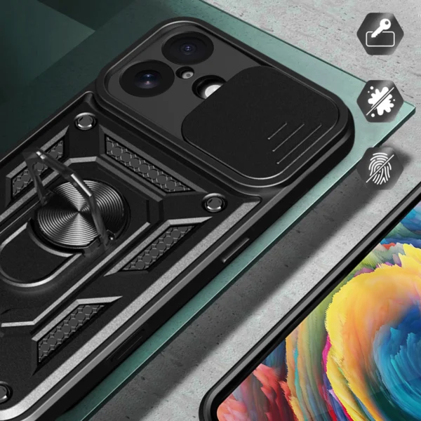 Hybrid Armor Camshield iPhone 17 Case with Stand and Camera Cover - Blackeng