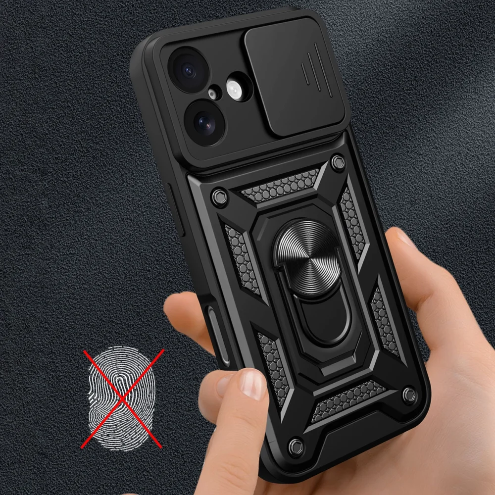 Hybrid Armor Camshield iPhone 17 Case with Stand and Camera Cover - Blackeng