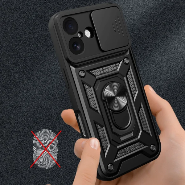 Hybrid Armor Camshield iPhone 17 Case with Stand and Camera Cover - Blackeng