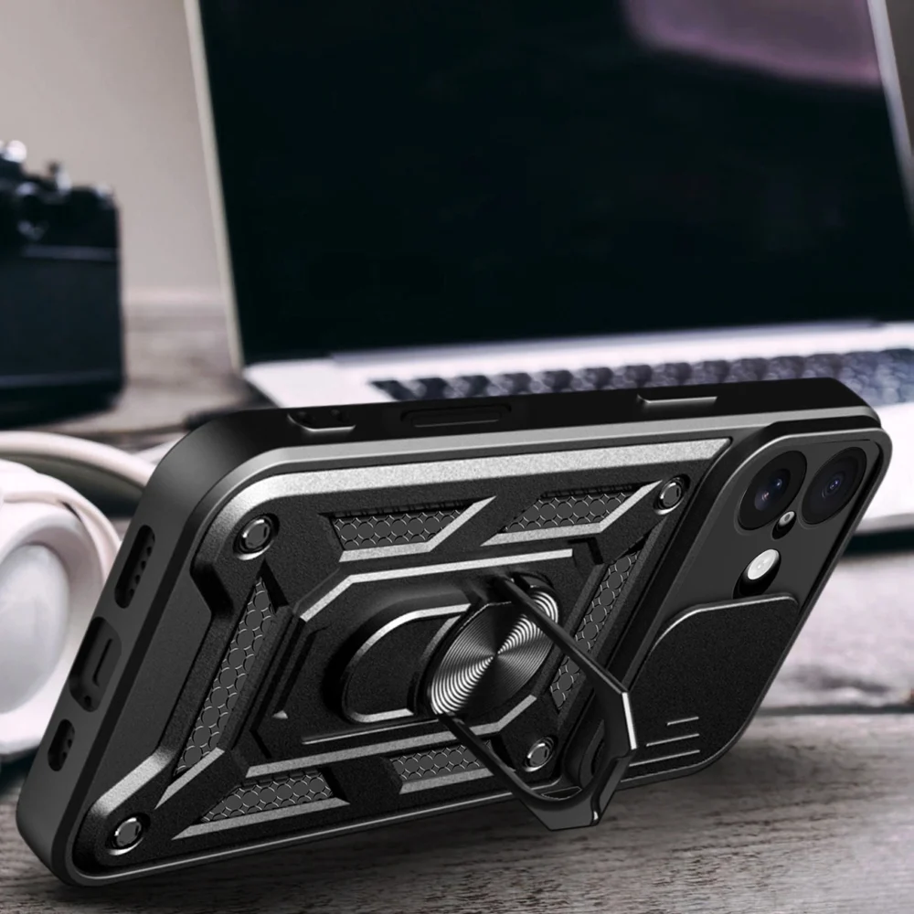 Hybrid Armor Camshield iPhone 17 Case with Stand and Camera Cover - Blackeng