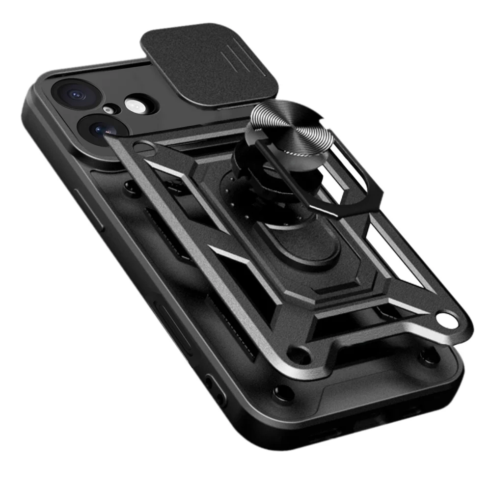 Hybrid Armor Camshield iPhone 17 Case with Stand and Camera Cover - Blackeng