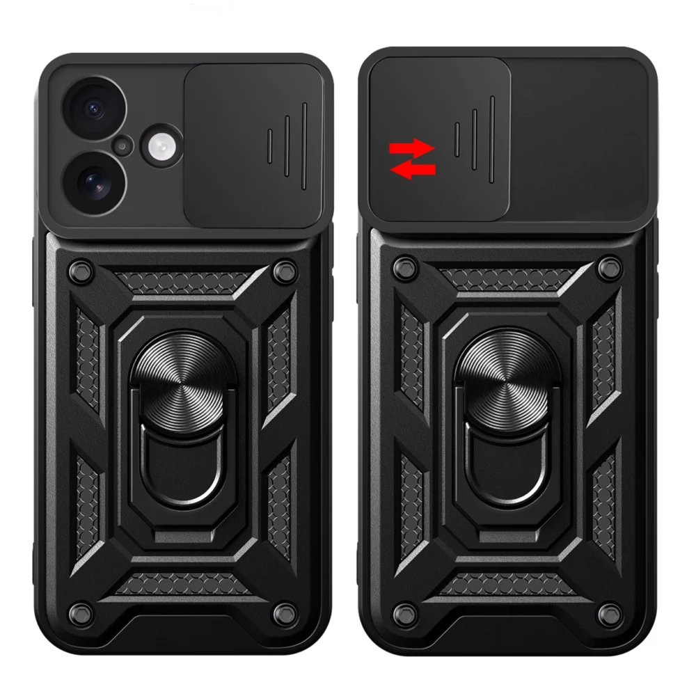Hybrid Armor Camshield iPhone 17 Case with Stand and Camera Cover - Blackeng