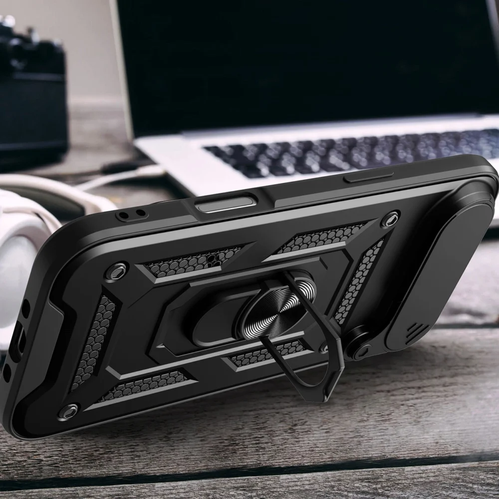 Hybrid Armor Camshield iPhone 17 Air Case with Stand and Camera Cover - Blackeng