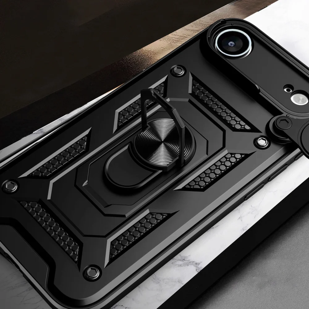 Hybrid Armor Camshield iPhone 17 Air Case with Stand and Camera Cover - Blackeng