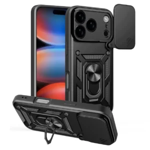 Hybrid Armor Camshield iPhone 17 Pro Case with Stand and Camera Cover - Blackeng