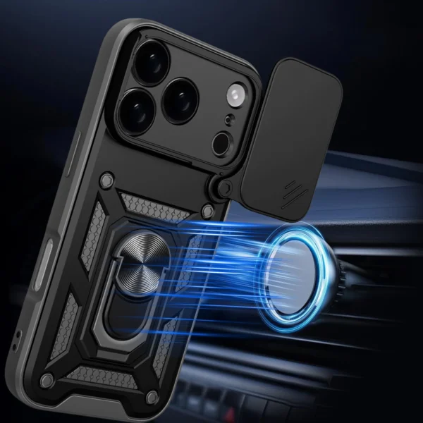Hybrid Armor Camshield iPhone 17 Pro Case with Stand and Camera Cover - Blackeng