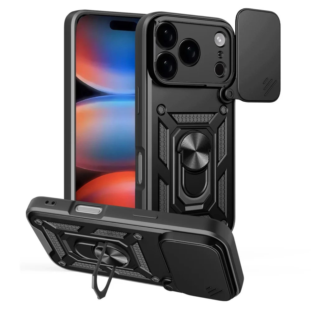 Hybrid Armor Camshield Case for iPhone 17 Pro Max with Stand and Camera Cover - Blackeng