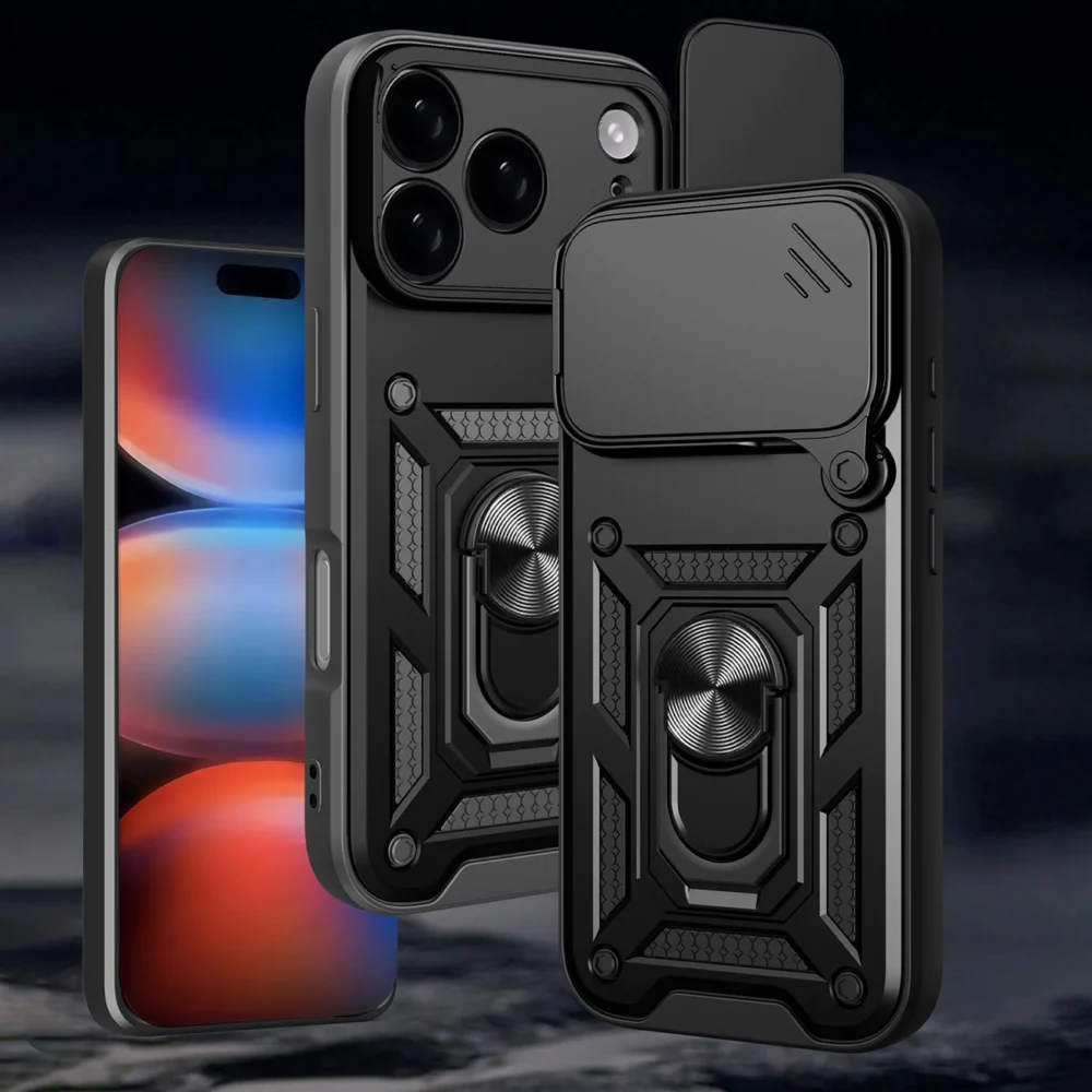 Hybrid Armor Camshield Case for iPhone 17 Pro Max with Stand and Camera Cover - Blackeng