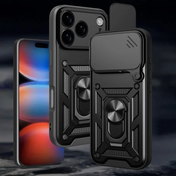 Hybrid Armor Camshield Case for iPhone 17 Pro Max with Stand and Camera Cover - Blackeng